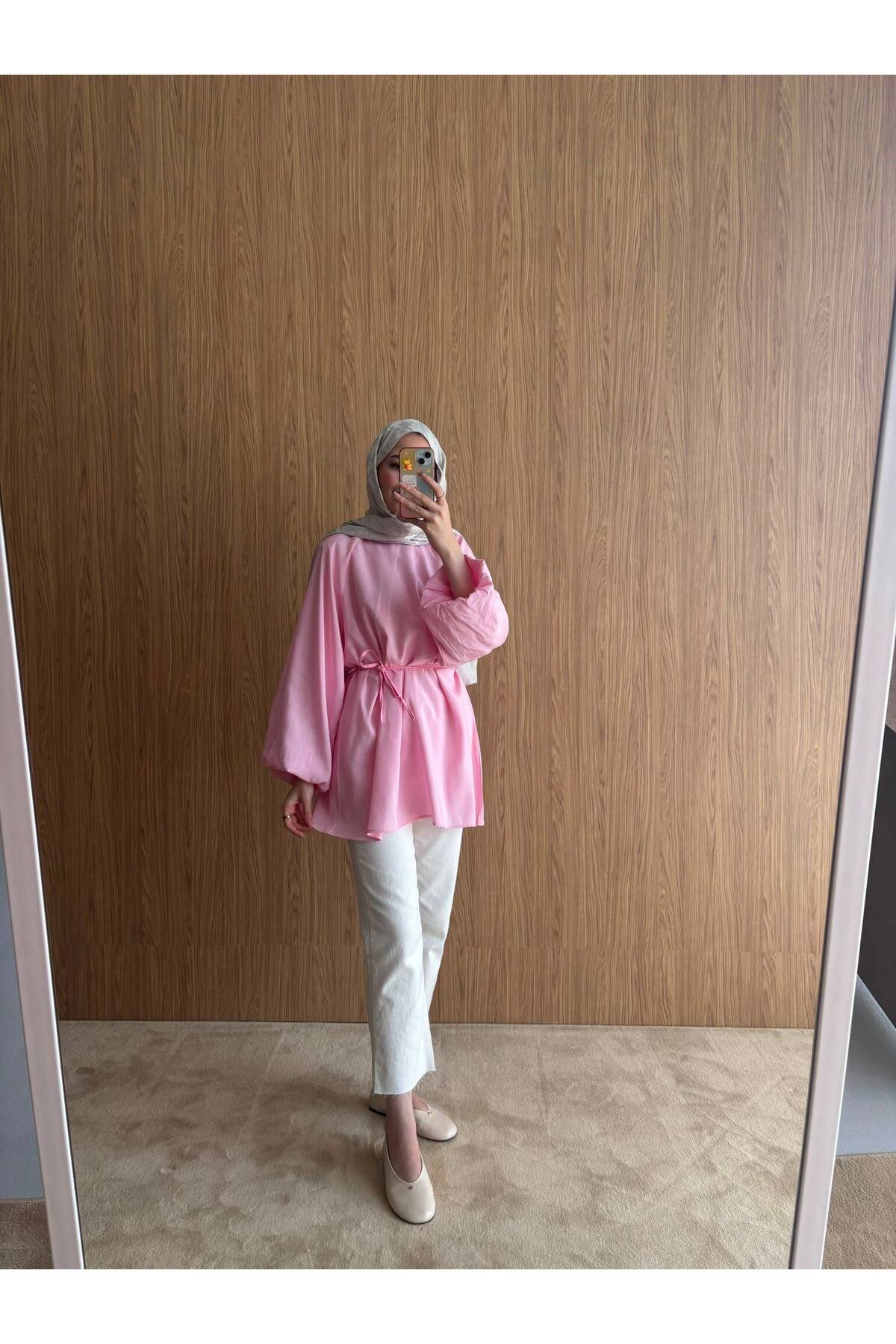QUWİQ Pembe pamuklu oversize balon kol tesettür tunik - Görsel 3