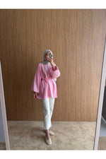 QUWİQ Pembe pamuklu oversize balon kol tesettür tunik - Görsel 3