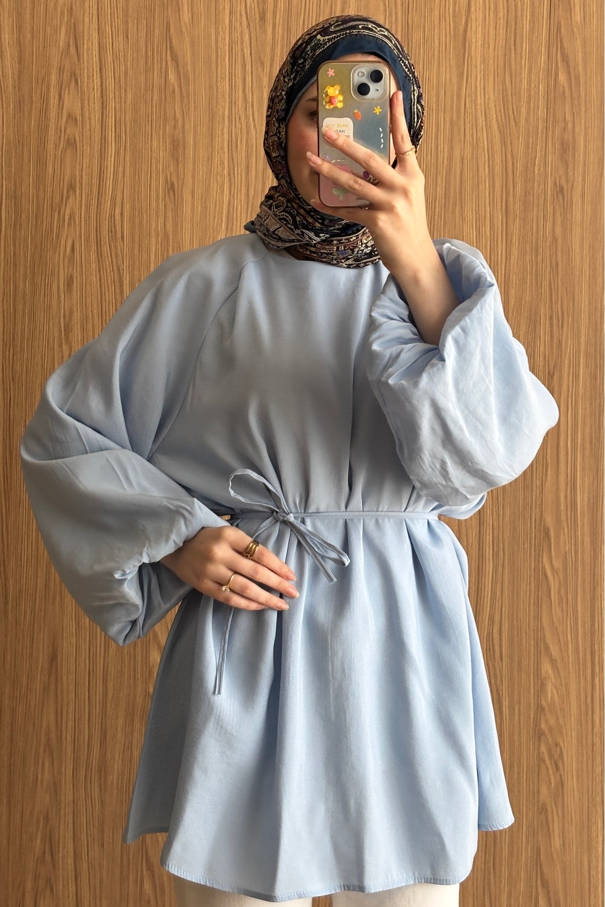 QUWİQ Mavi pamuklu oversize balon kol tesettür tunik - Görsel 1