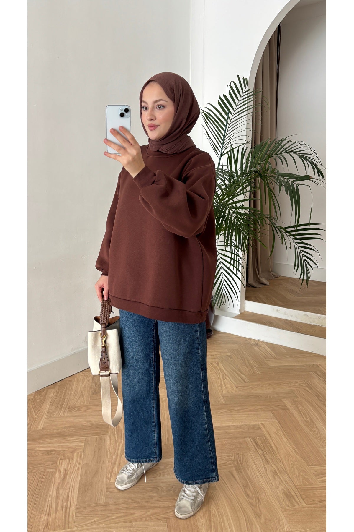Moon’sc Kahverengi içi polarlı organik pamuk oversize sweatshirt - Görsel 4