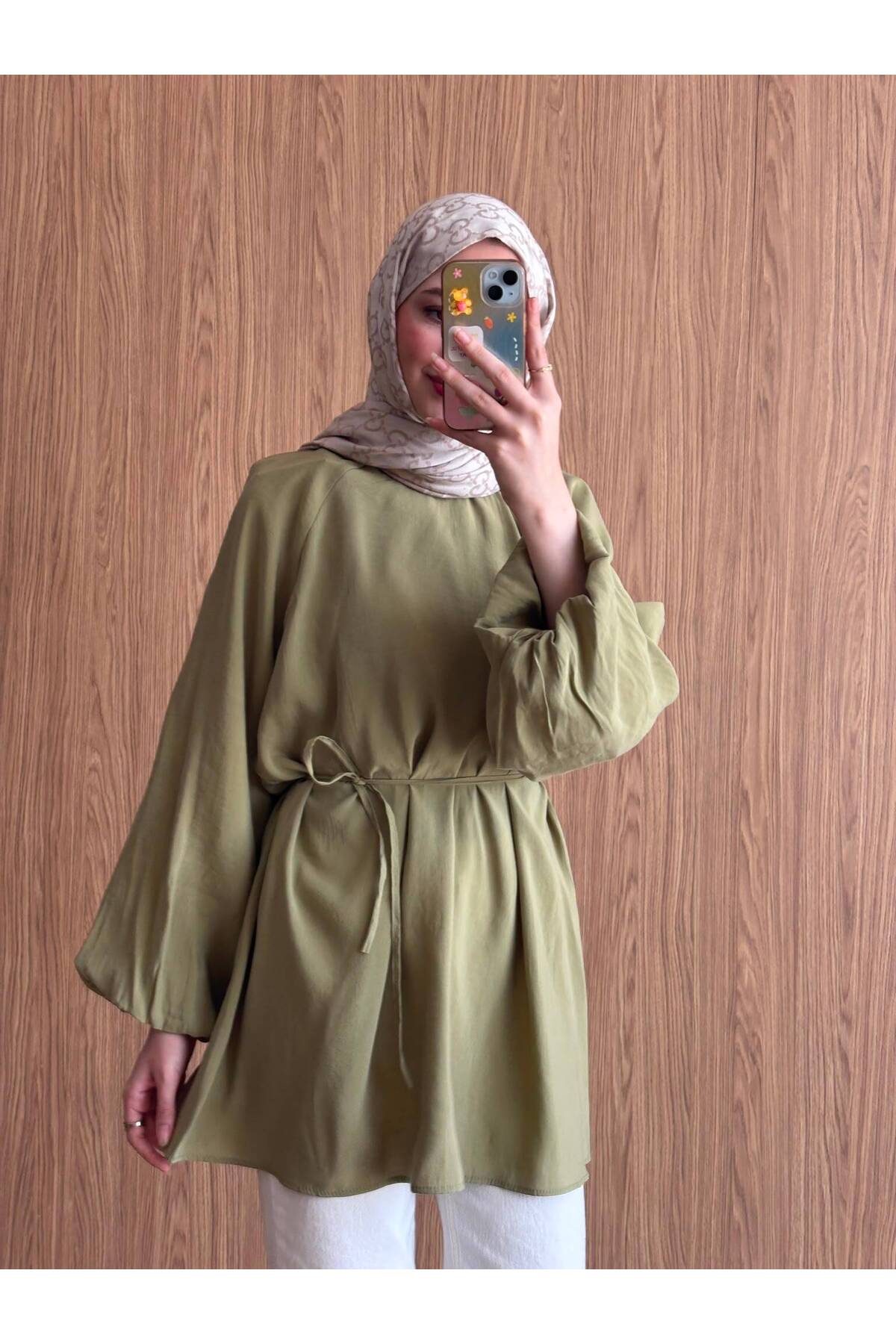 QUWİQ Haki pamuklu oversize balon kol tesettür tunik - Görsel 4