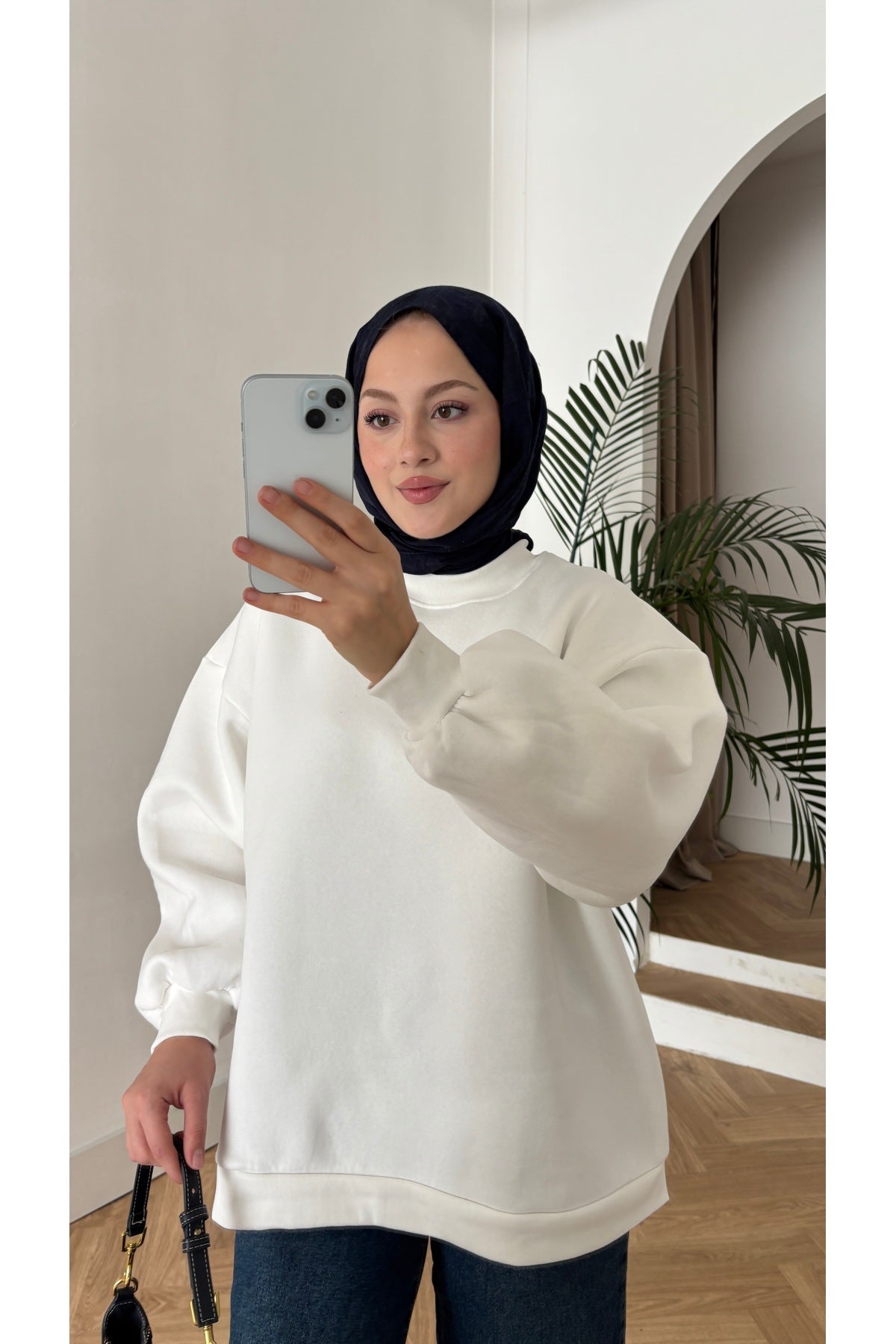 Moon’sc Beyaz içi polarlı organik pamuk oversize sweatshirt - Görsel 3