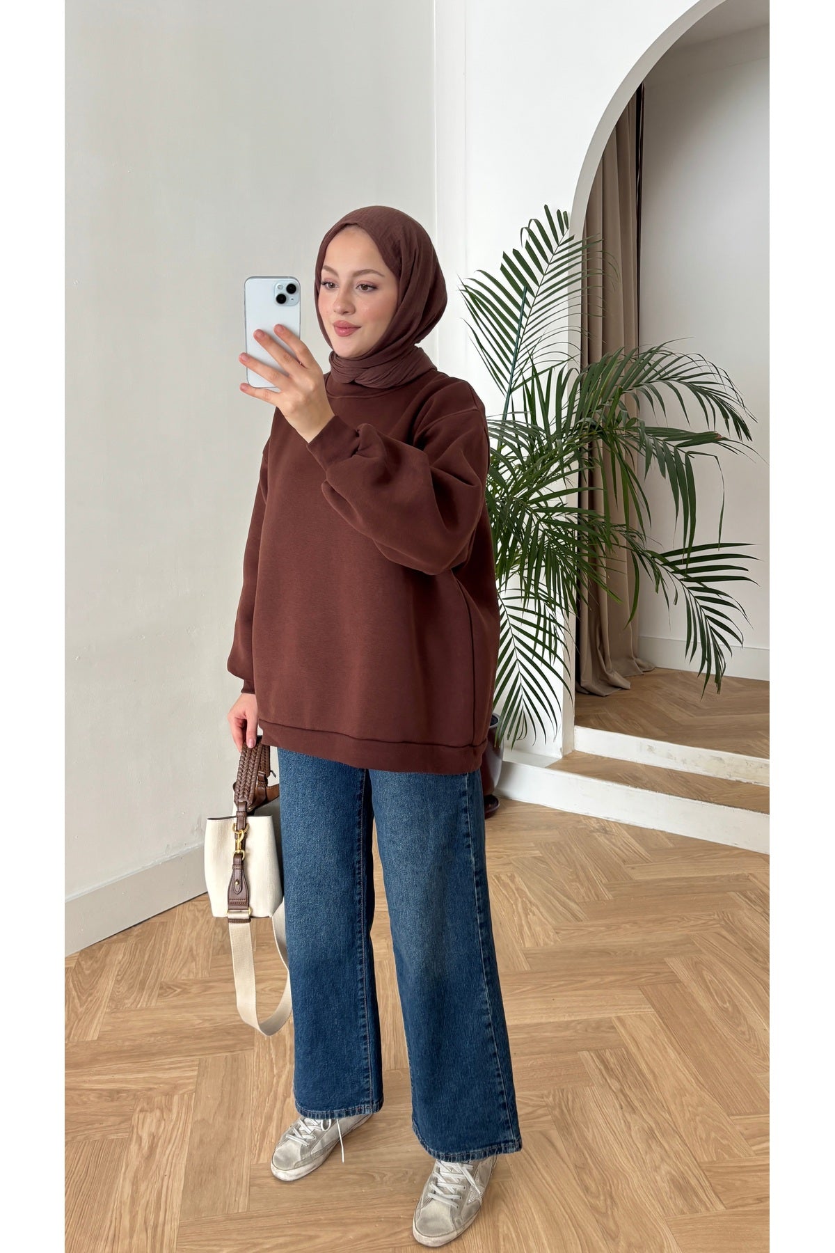 Moon’sc Kahverengi içi polarlı organik pamuk oversize sweatshirt - Görsel 2