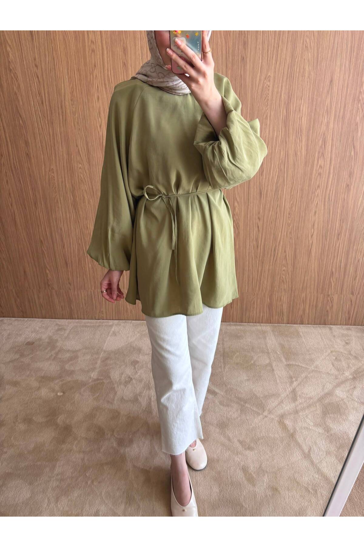 QUWİQ Haki pamuklu oversize balon kol tesettür tunik - Görsel 3