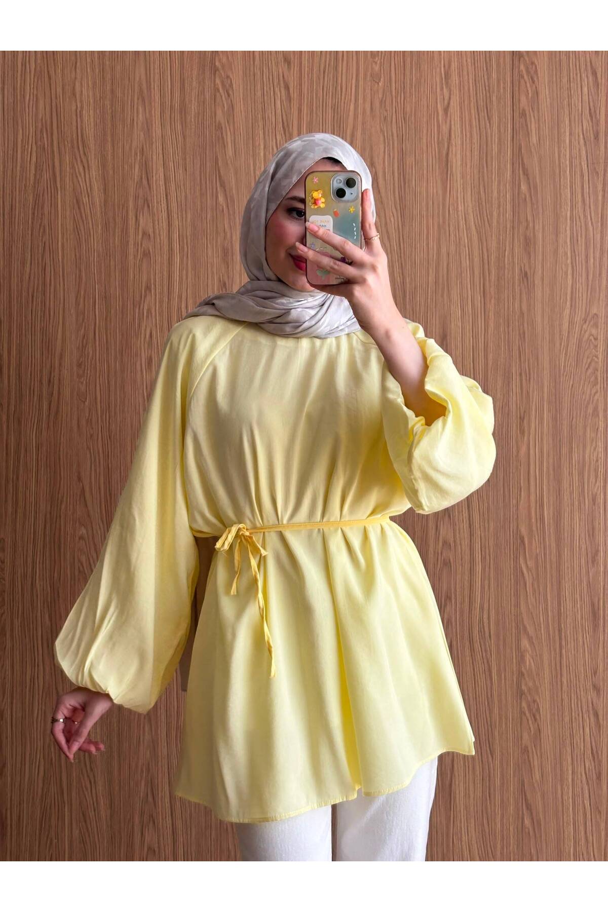 QUWİQ Sarı pamuklu oversize balon kol tesettür tunik - Görsel 2
