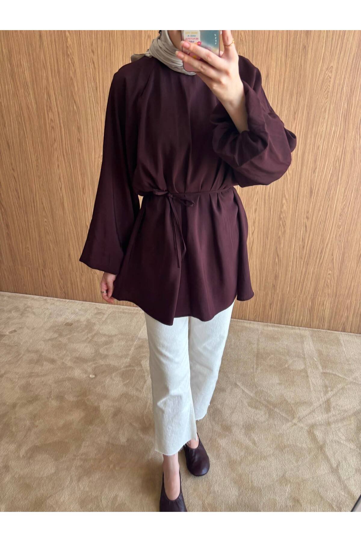 QUWİQ Kahverengi pamuklu oversize balon kol tesettür tunik - Görsel 3