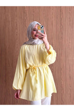 QUWİQ Sarı pamuklu oversize balon kol tesettür tunik - Görsel 3