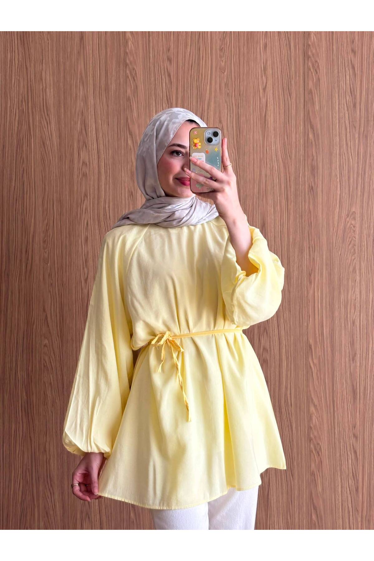 QUWİQ Sarı pamuklu oversize balon kol tesettür tunik - Görsel 3