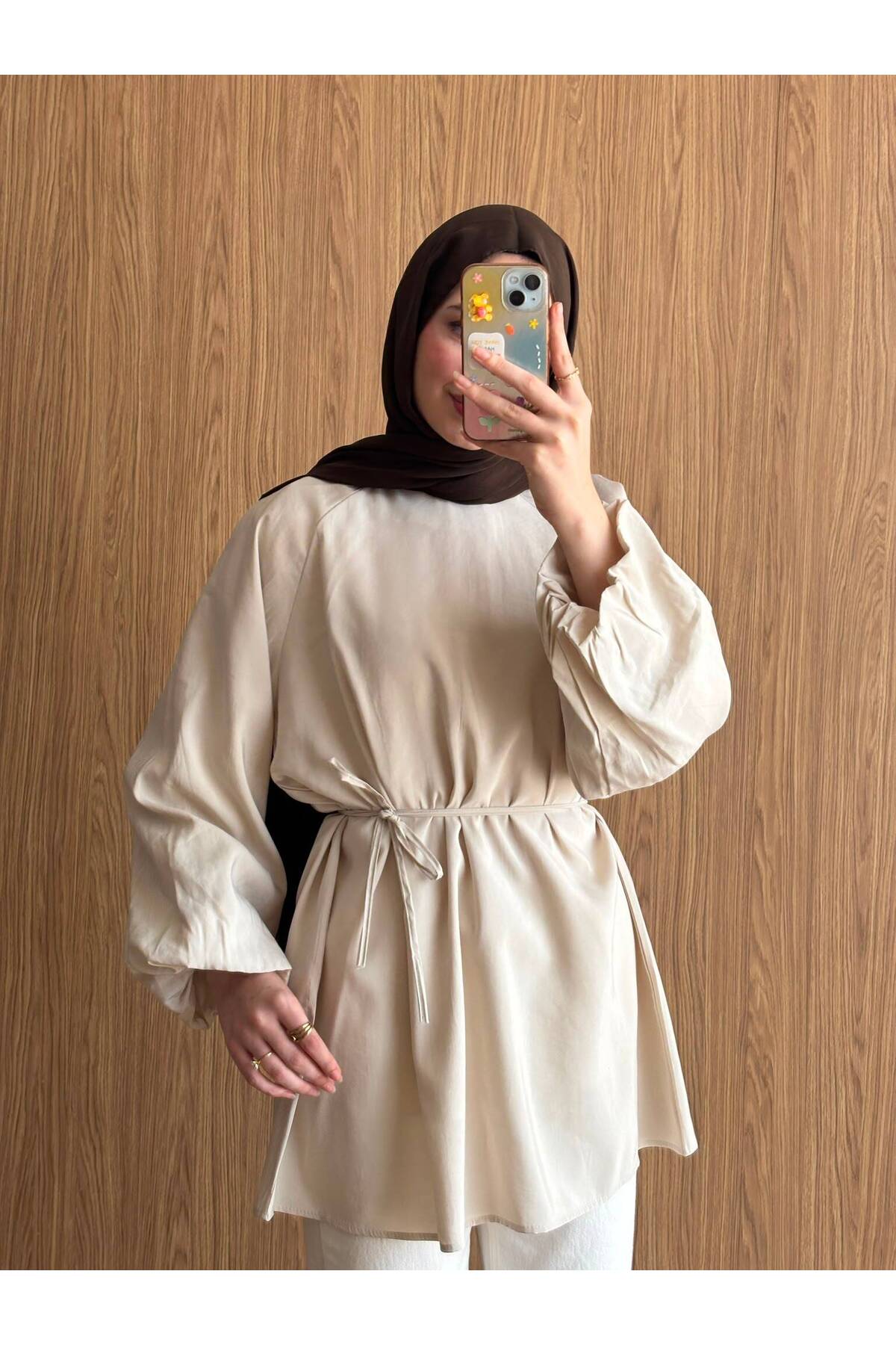 QUWİQ Bej pamuklu oversize balon kol tesettür tunik - Görsel 5