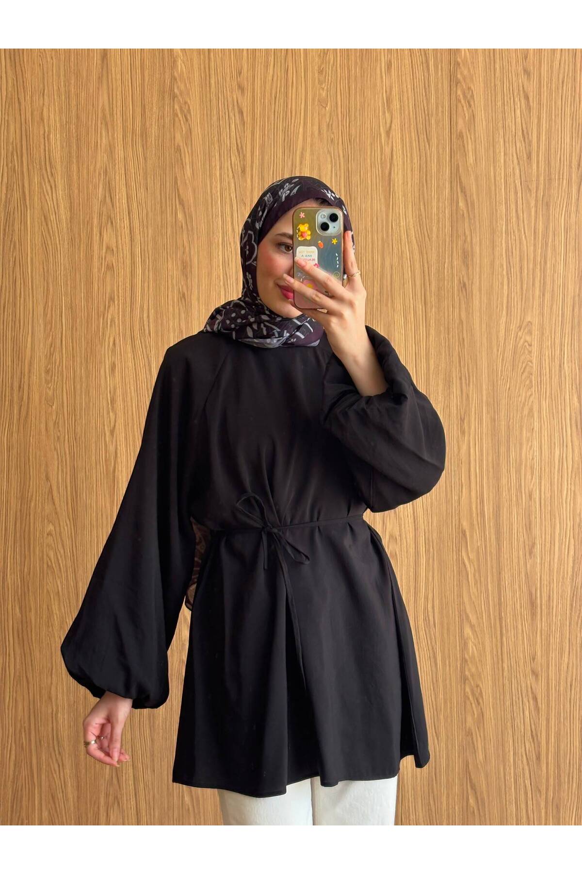 QUWİQ Siyah pamuklu oversize balon kol tesettür tunik - Görsel 2