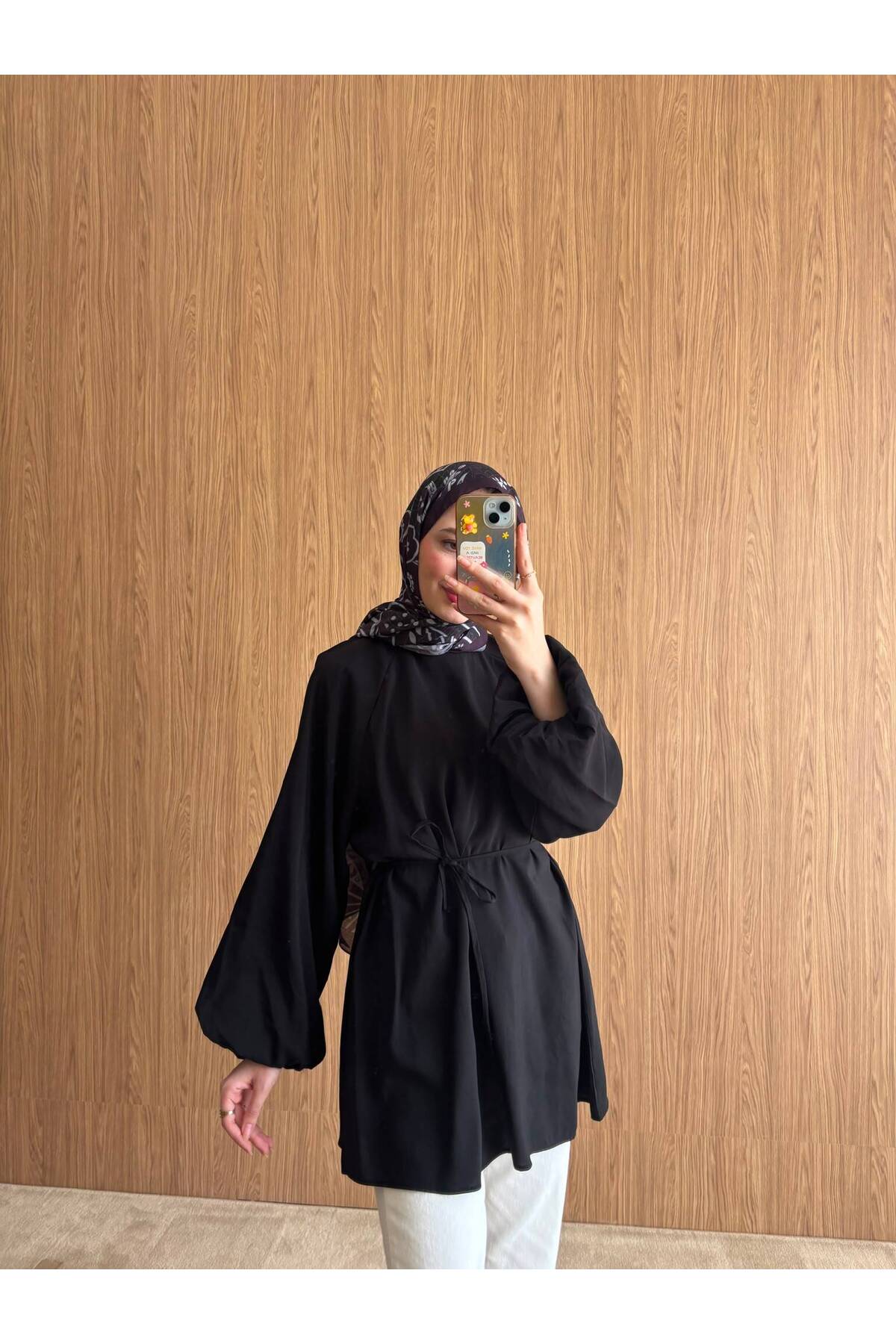 QUWİQ Siyah pamuklu oversize balon kol tesettür tunik - Görsel 5