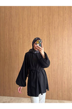 QUWİQ Siyah pamuklu oversize balon kol tesettür tunik - Görsel 5