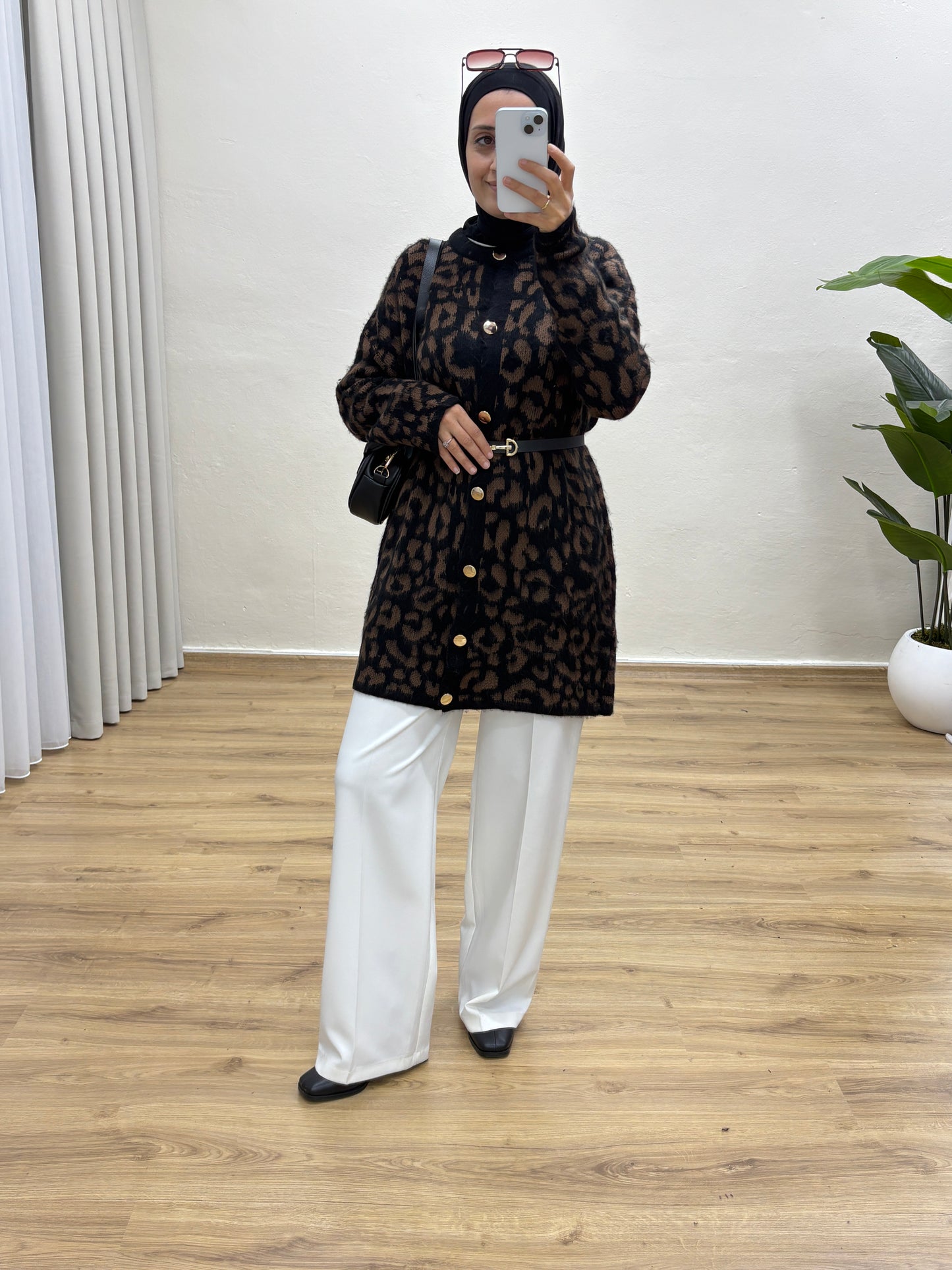 Leopar Desenli Triko Hırka - Acı Kahve