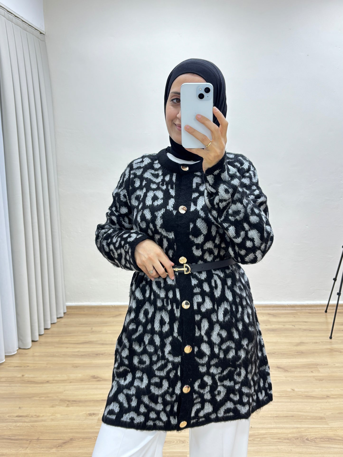 Leopar Desenli Triko Hırka - Gri