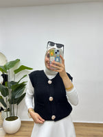 Gold Düğmeli Cepli Triko Yelek - Siyah