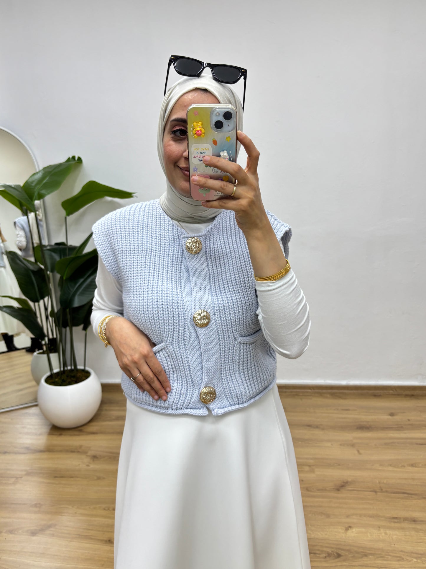 Gold Düğme Cepli Triko Yelek - Bebe Mavisi