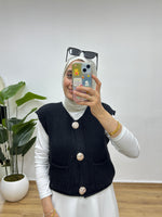 Gold Düğmeli Cepli Triko Yelek - Siyah