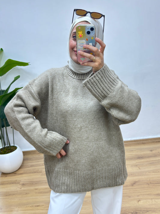 Oversize Bisiklet Yaka Kazak - K.Bej