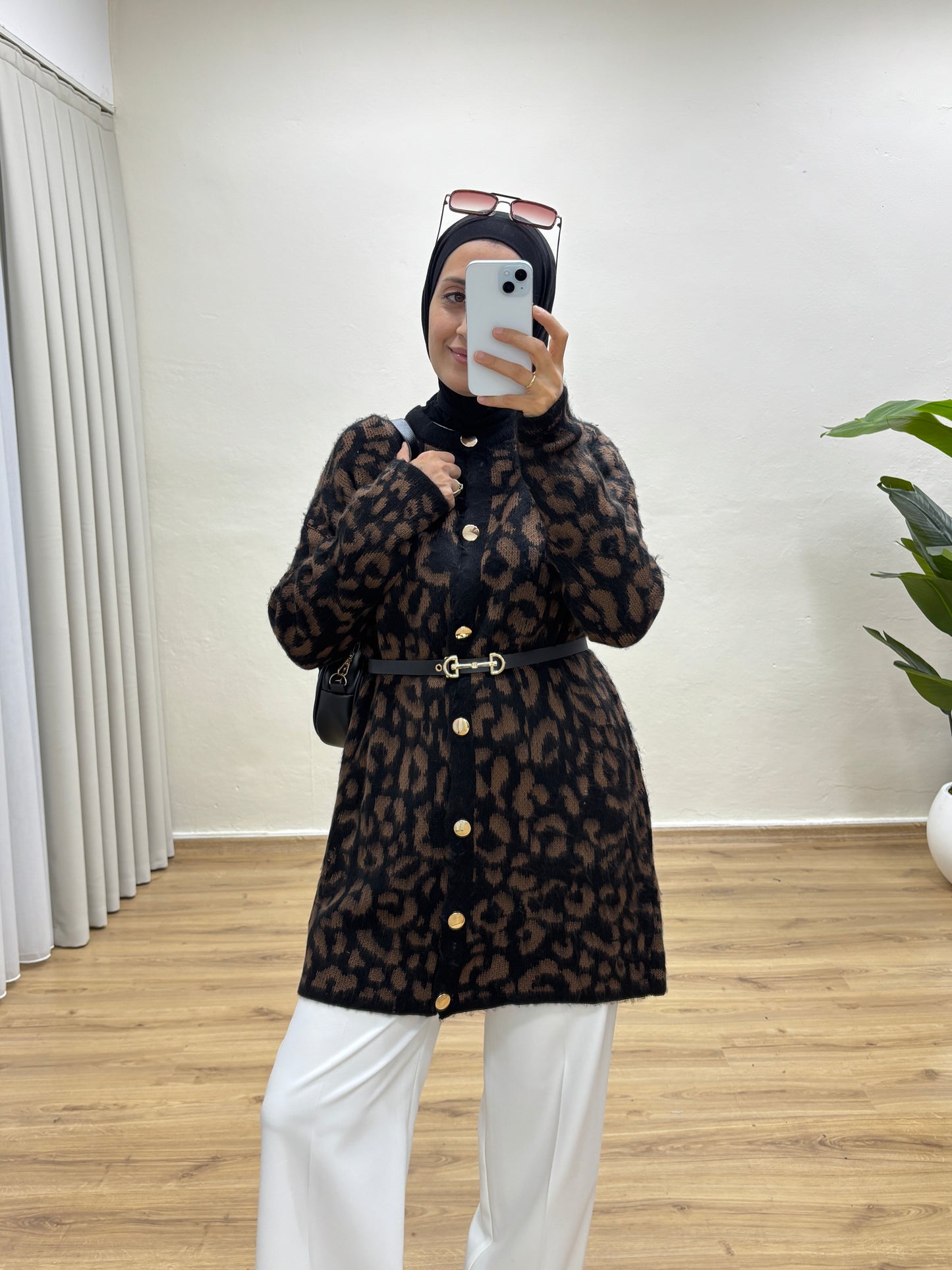 Leopar Desenli Triko Hırka - Acı Kahve