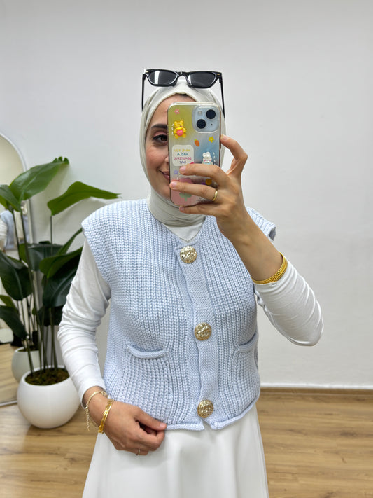 Gold Düğme Cepli Triko Yelek - Bebe Mavisi