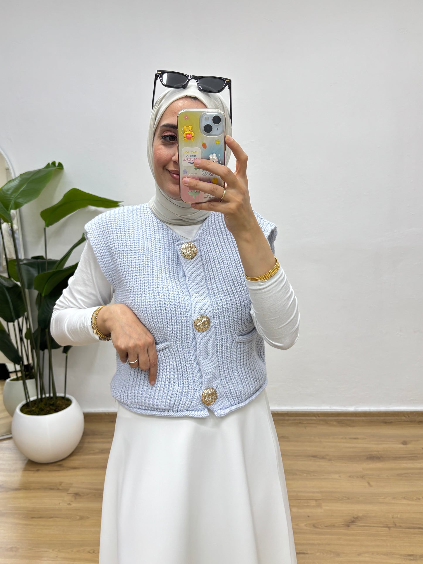 Gold Düğme Cepli Triko Yelek - Bebe Mavisi