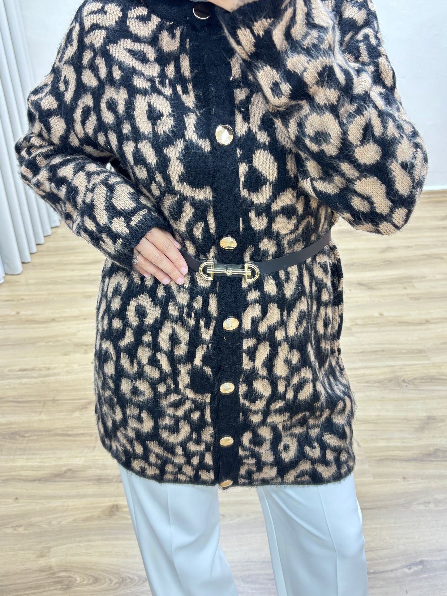 Leopar Desenli Triko Hırka - Kahve