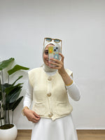 Gold düğmeli Cepli Triko Yelek - Krem