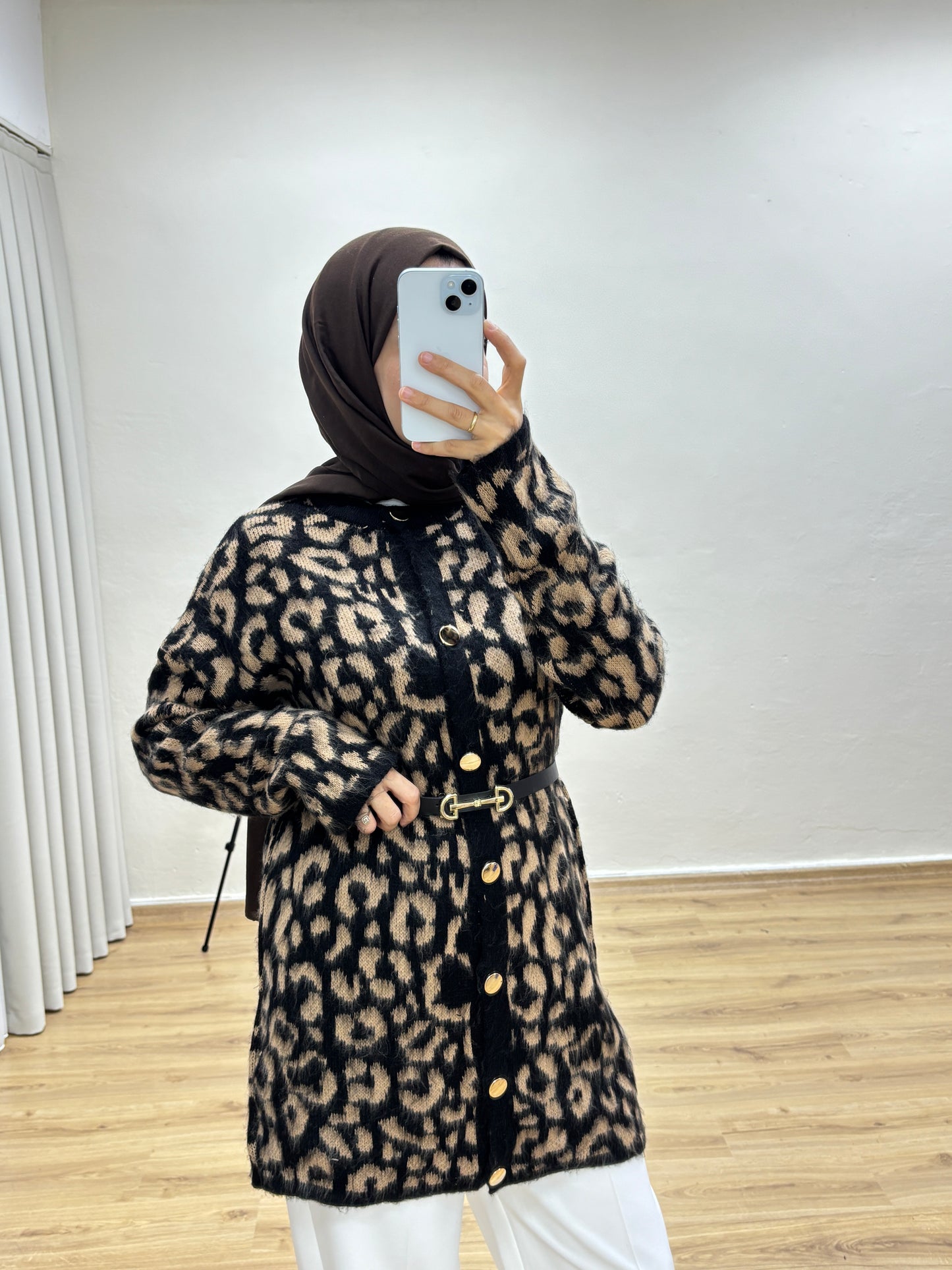 Leopar Desenli Triko Hırka - Kahve