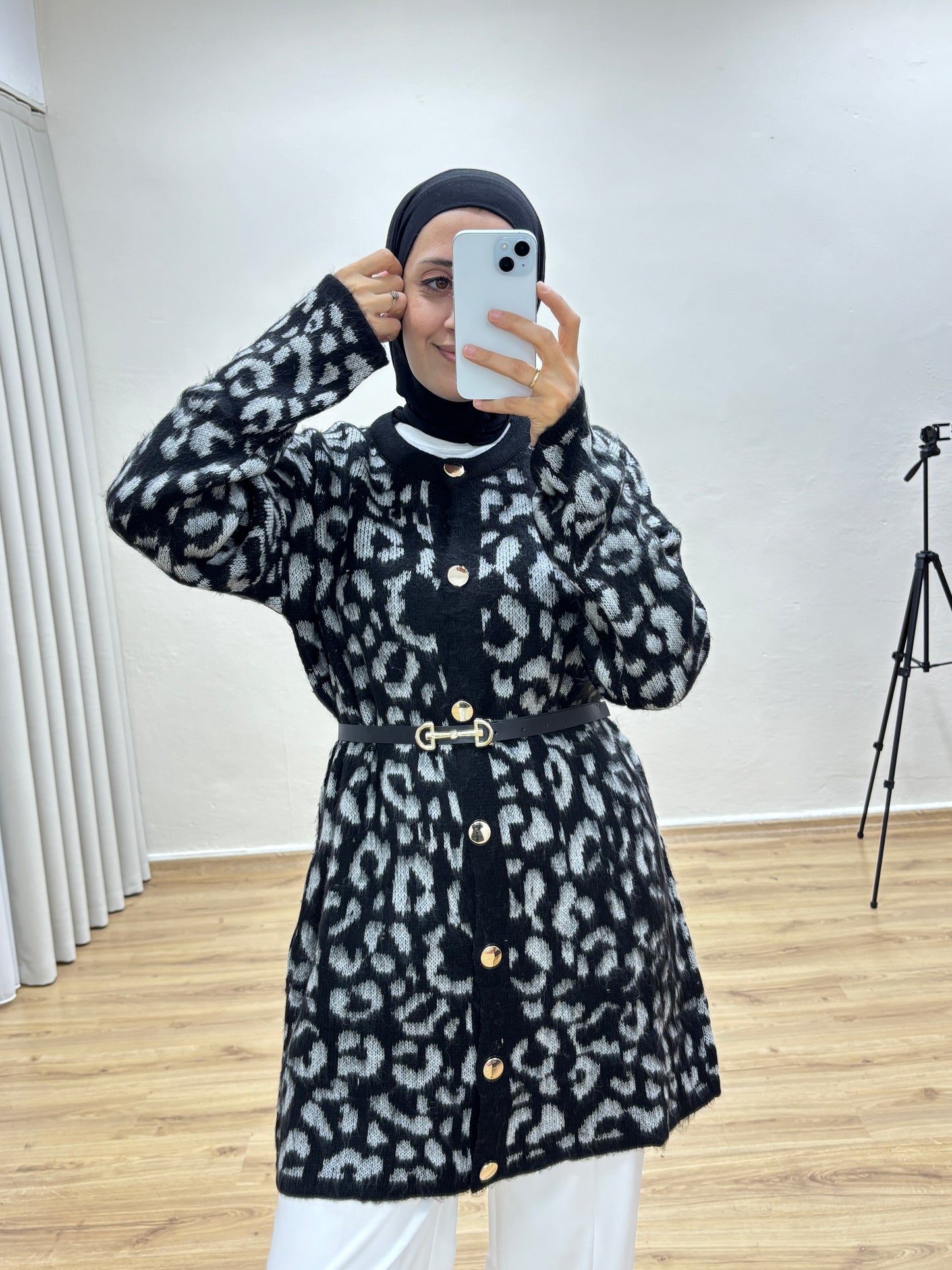 Leopar Desenli Triko Hırka - Gri