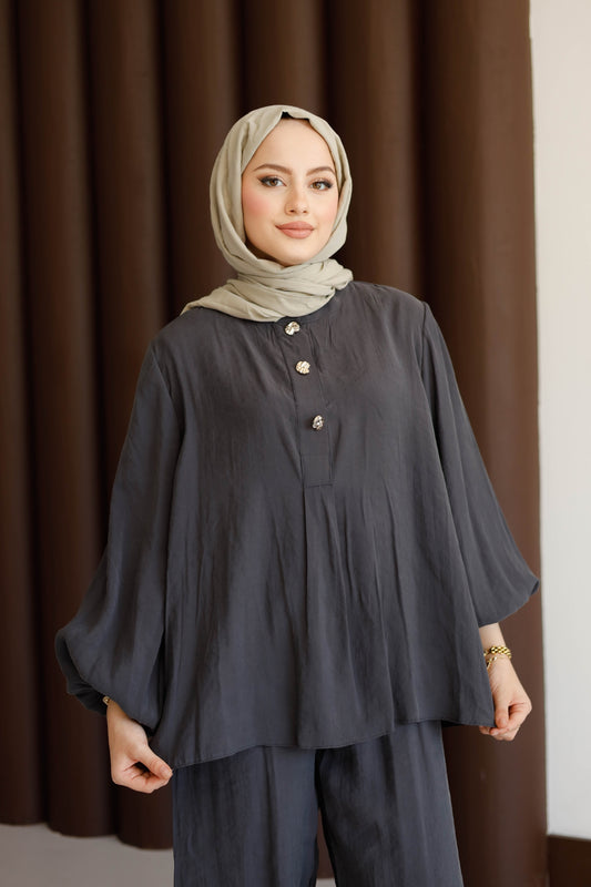 Önü Düğme Detaylı Pantolonlu Takım - Antrasit