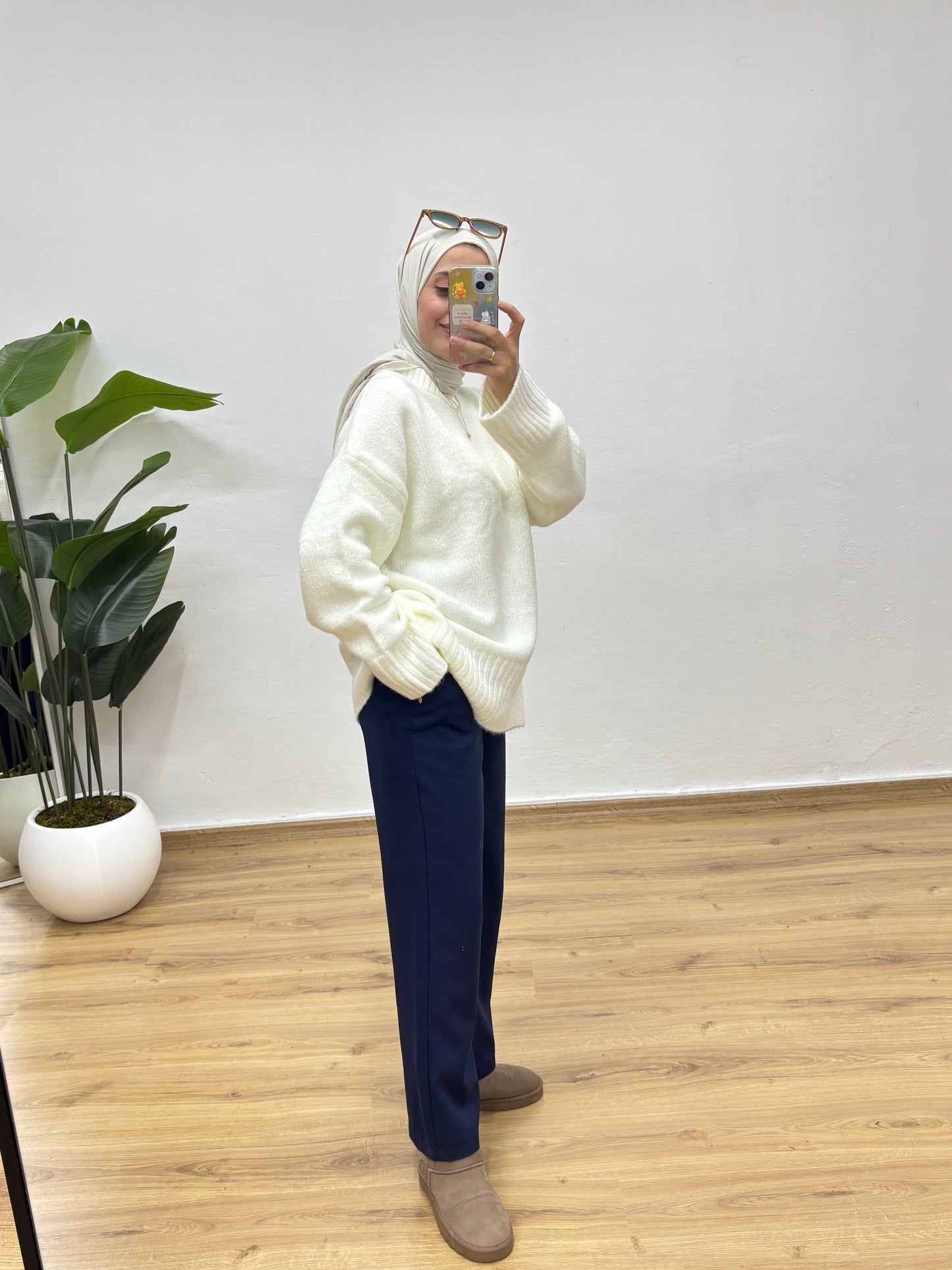 Oversize Bisiklet Yaka Kazak - Ekru