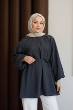 Balon Kol Bel Bağlamalı Tesettür Gömlek - Antrasit