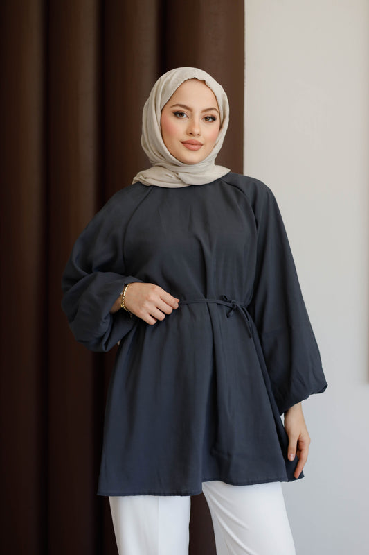 Balon Kol Bel Bağlamalı Tesettür Gömlek - Antrasit