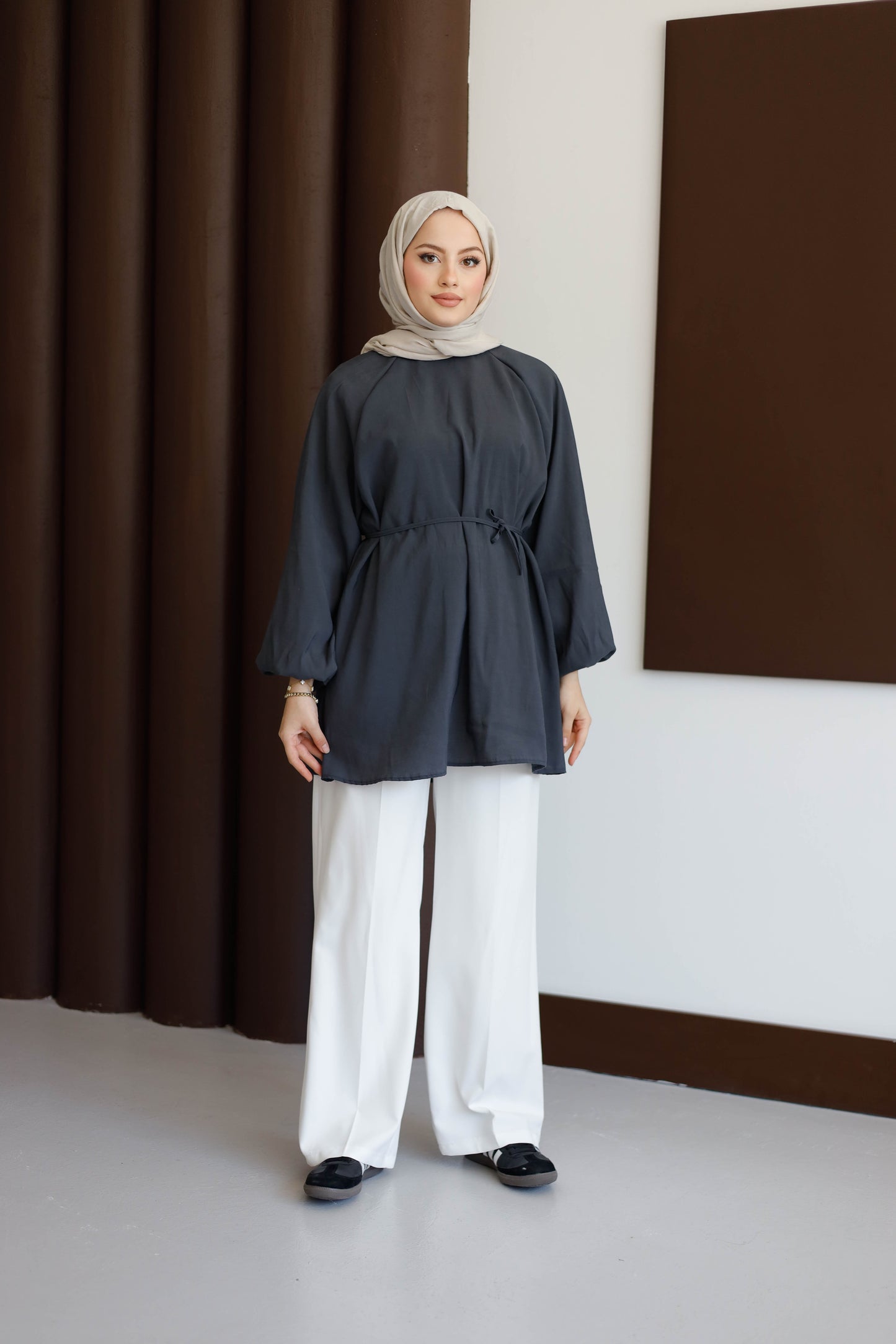 Balon Kol Bel Bağlamalı Tesettür Gömlek - Antrasit