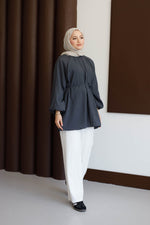 Balon Kol Bel Bağlamalı Tesettür Gömlek - Antrasit