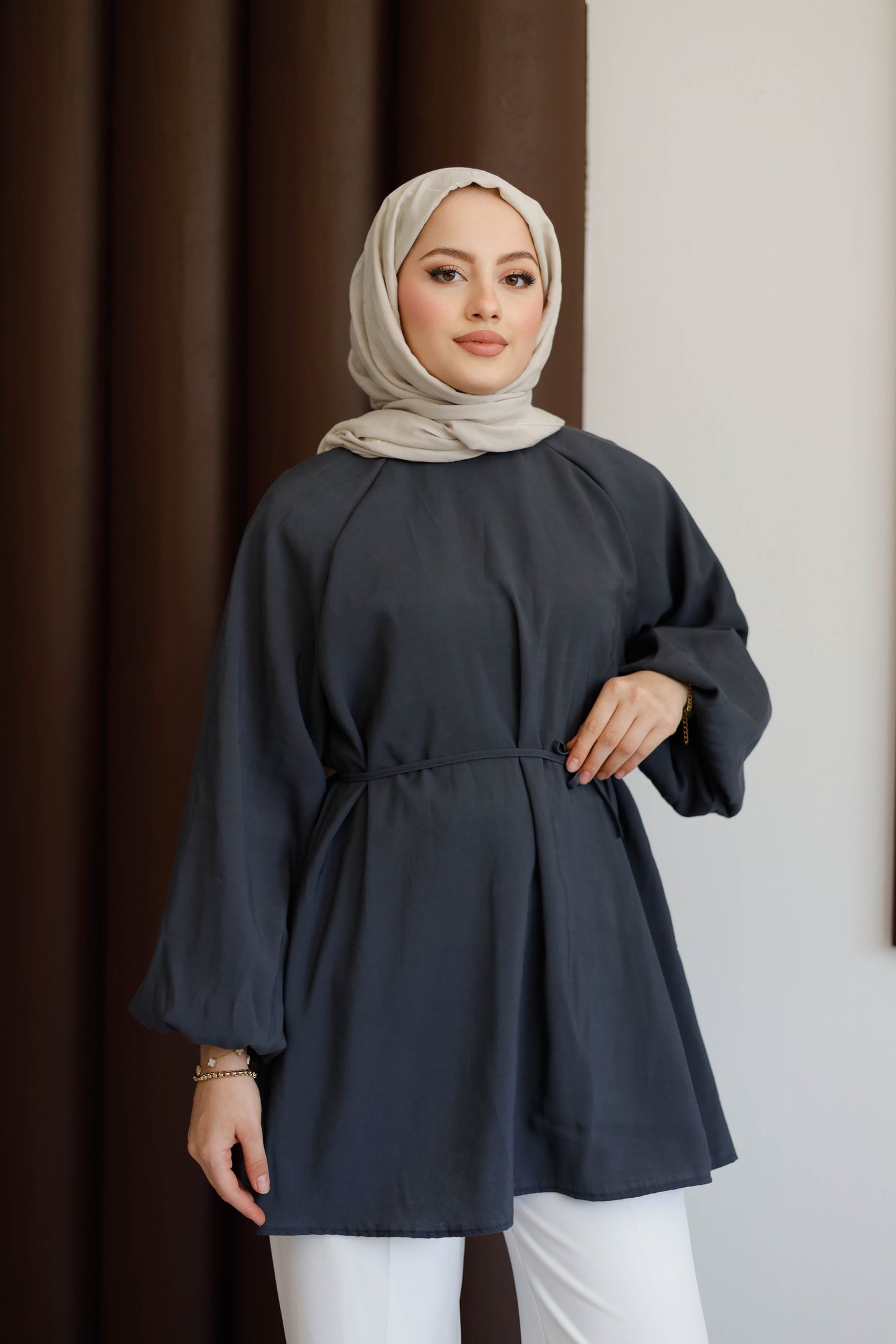 Balon Kol Bel Bağlamalı Tesettür Gömlek - Antrasit