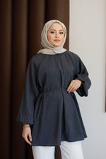 Balon Kol Bel Bağlamalı Tesettür Gömlek - Antrasit