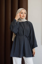 Balon Kol Bel Bağlamalı Tesettür Gömlek - Antrasit