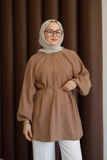 Balon Kol Bel Bağlamalı Tesettür Gömlek -Sütlü Kahve