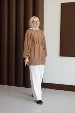 Balon Kol Bel Bağlamalı Tesettür Gömlek -Sütlü Kahve