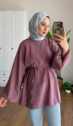 Balon Kol Bel Bağlamalı Tesettür Gömlek - Gül