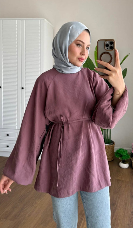 Balon Kol Bel Bağlamalı Tesettür Gömlek - Gül