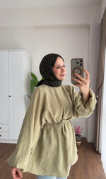 Balon Kol Bel Bağlamalı Tesettür Gömlek - Haki