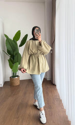 Balon Kol Bel Bağlamalı Tesettür Gömlek - Haki