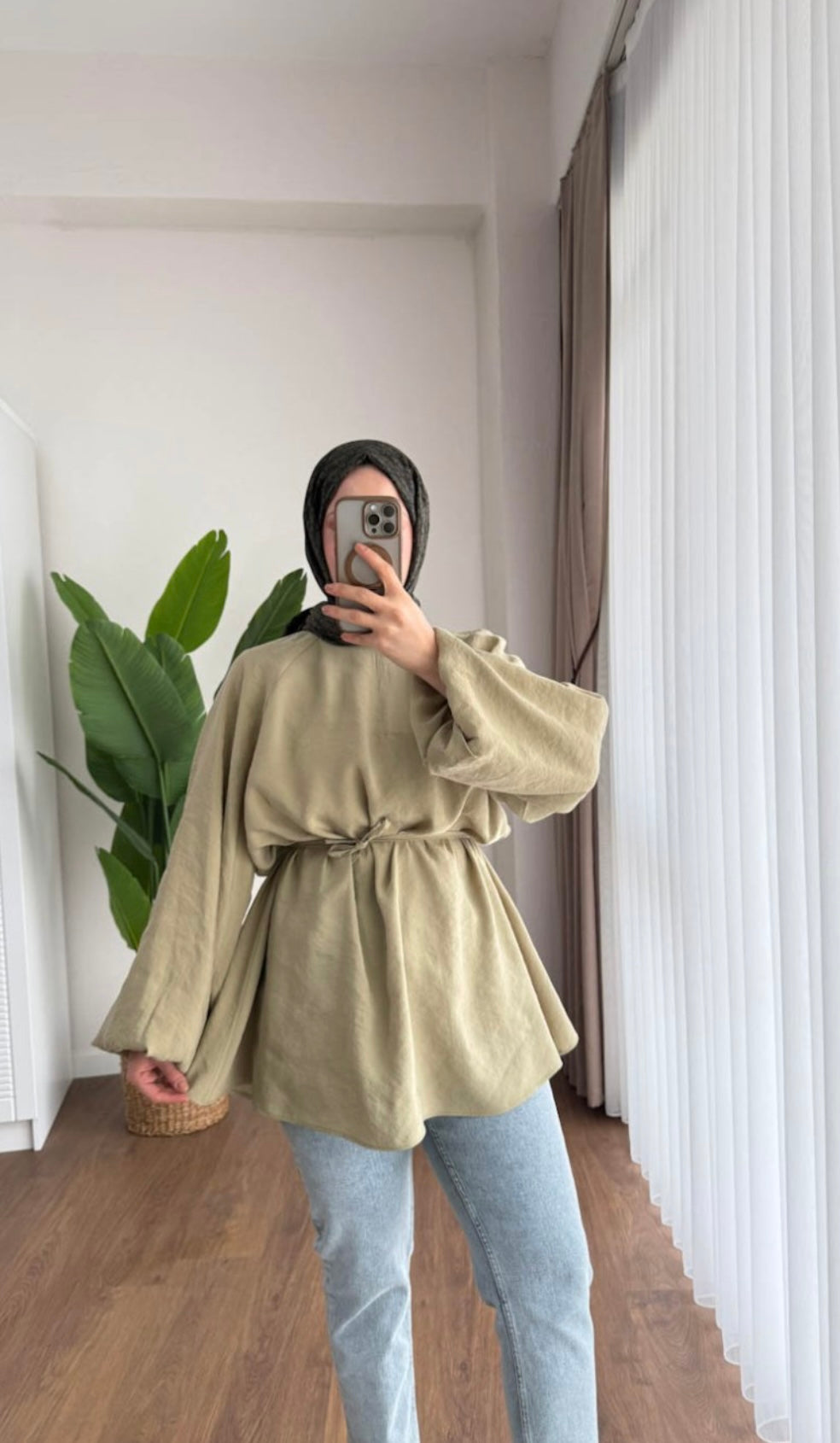 Balon Kol Bel Bağlamalı Tesettür Gömlek - Haki