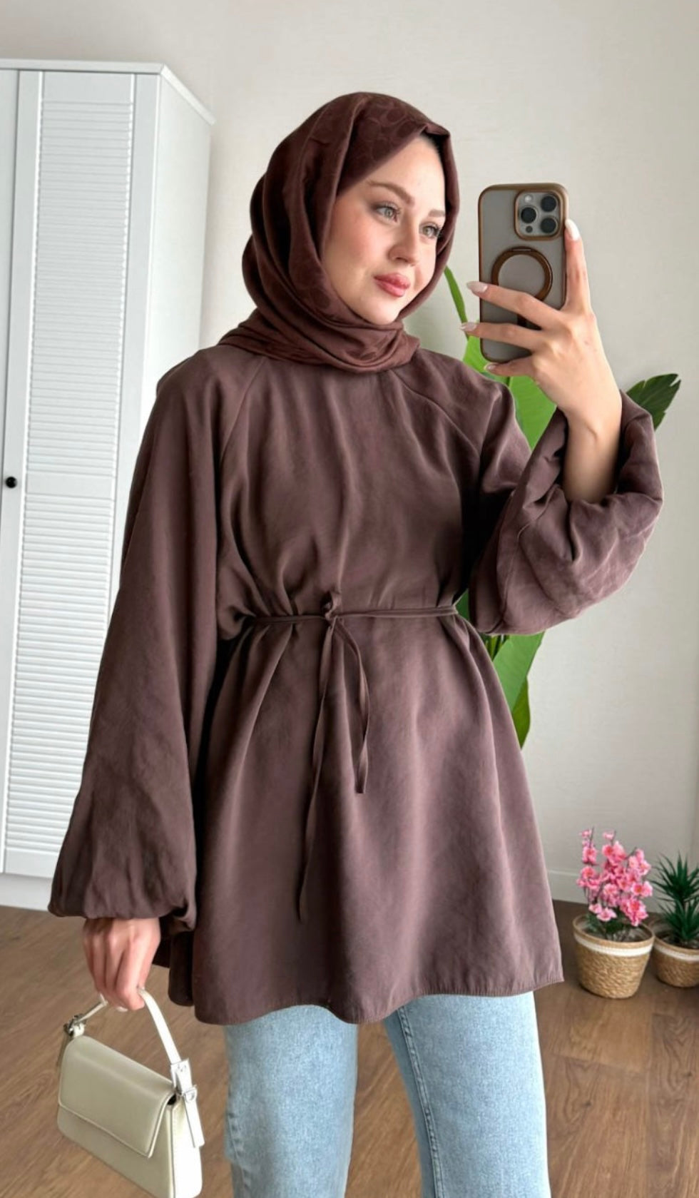 Balon Kol Bel Bağlamalı Tesettür Gömlek - Kahverengi