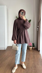 Balon Kol Bel Bağlamalı Tesettür Gömlek - Kahverengi