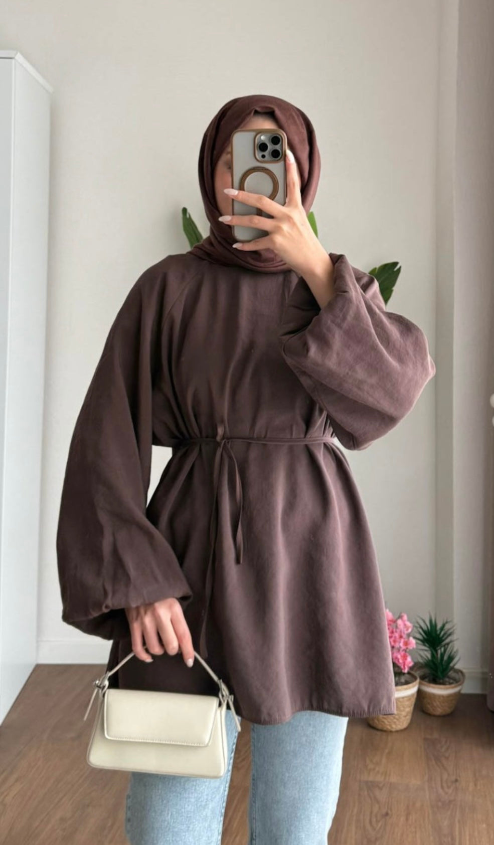 Balon Kol Bel Bağlamalı Tesettür Gömlek - Kahverengi