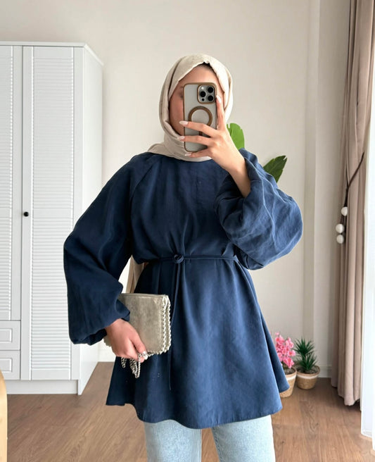 Balon Kol Bel Bağlamalı Tesettür Gömlek - Lacivert