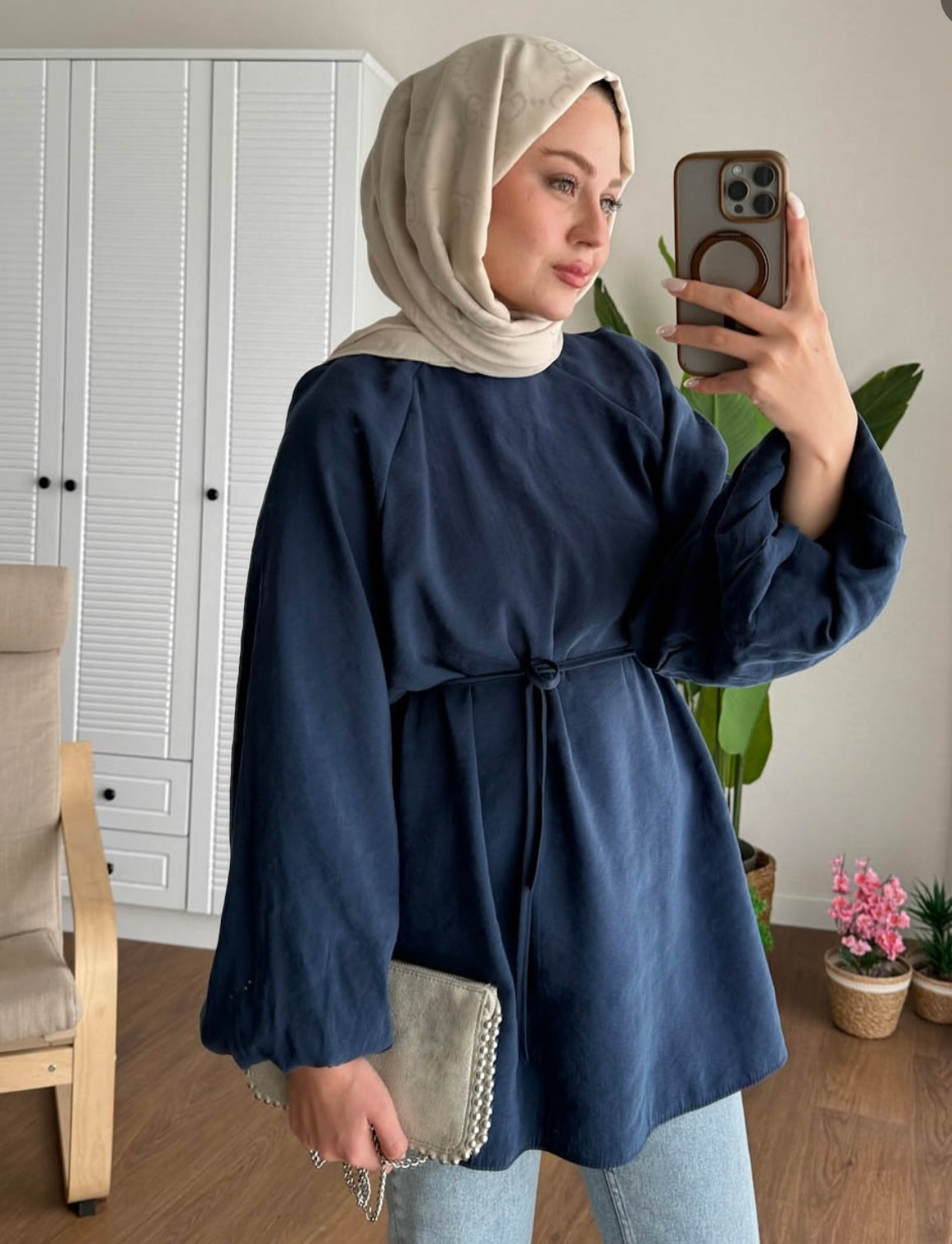 Balon Kol Bel Bağlamalı Tesettür Gömlek - Lacivert